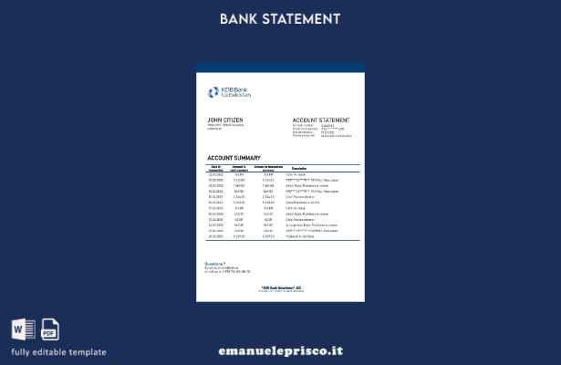 modello di parole di estratto conto bancario KDB dell'Uzbekistan in stile verifi